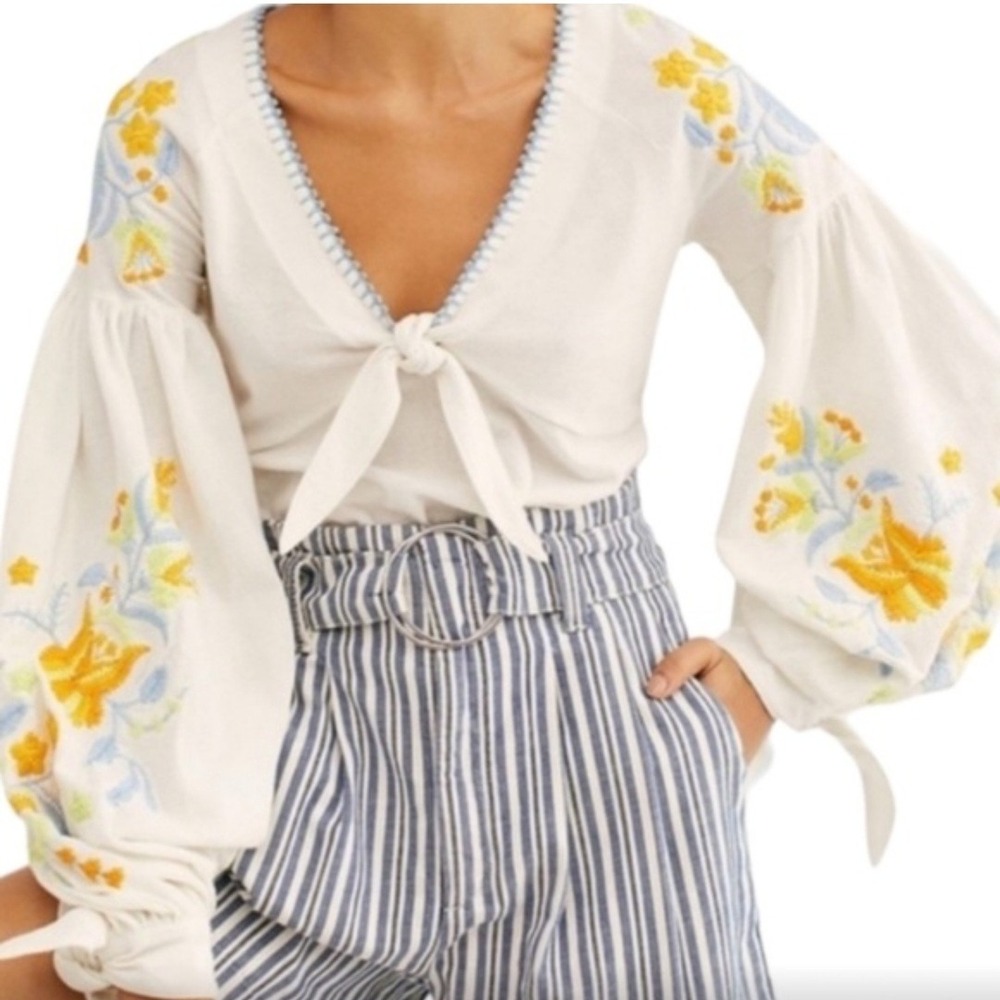 Free People Embroidered Balloon Sleeve Tie Front Blouse Ivory Yellow XS
